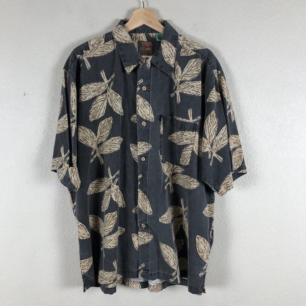 PINEAPPLE Connection Shirt Gray‎ Leaf Print Button Up Short Sleeve Size Large